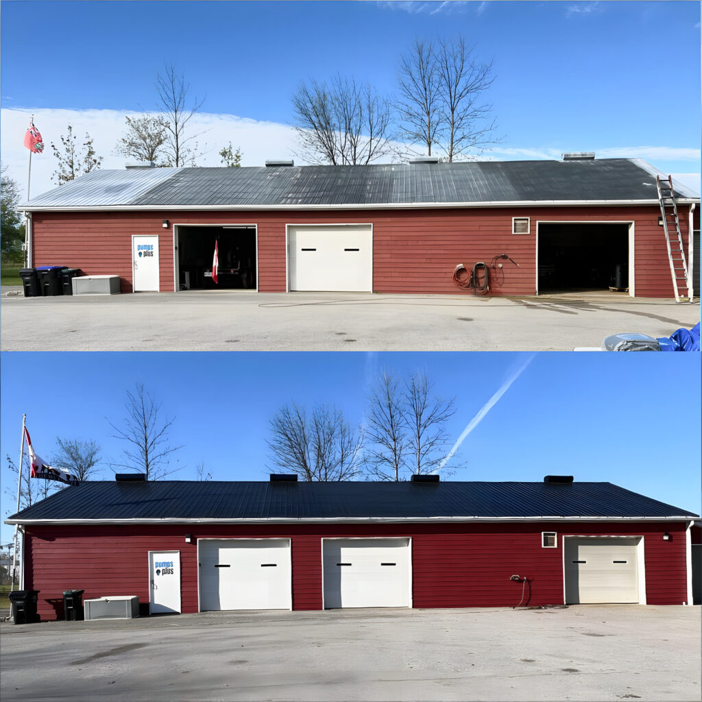 Before and after barn painting transformation by North Pro Barn Painting.