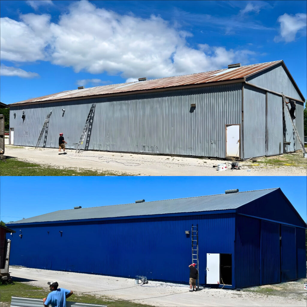 Before and after barn painting transformation by North Pro Barn Painting. A wooden barn restored from a weathered grey exterior to a vibrant blue finish.