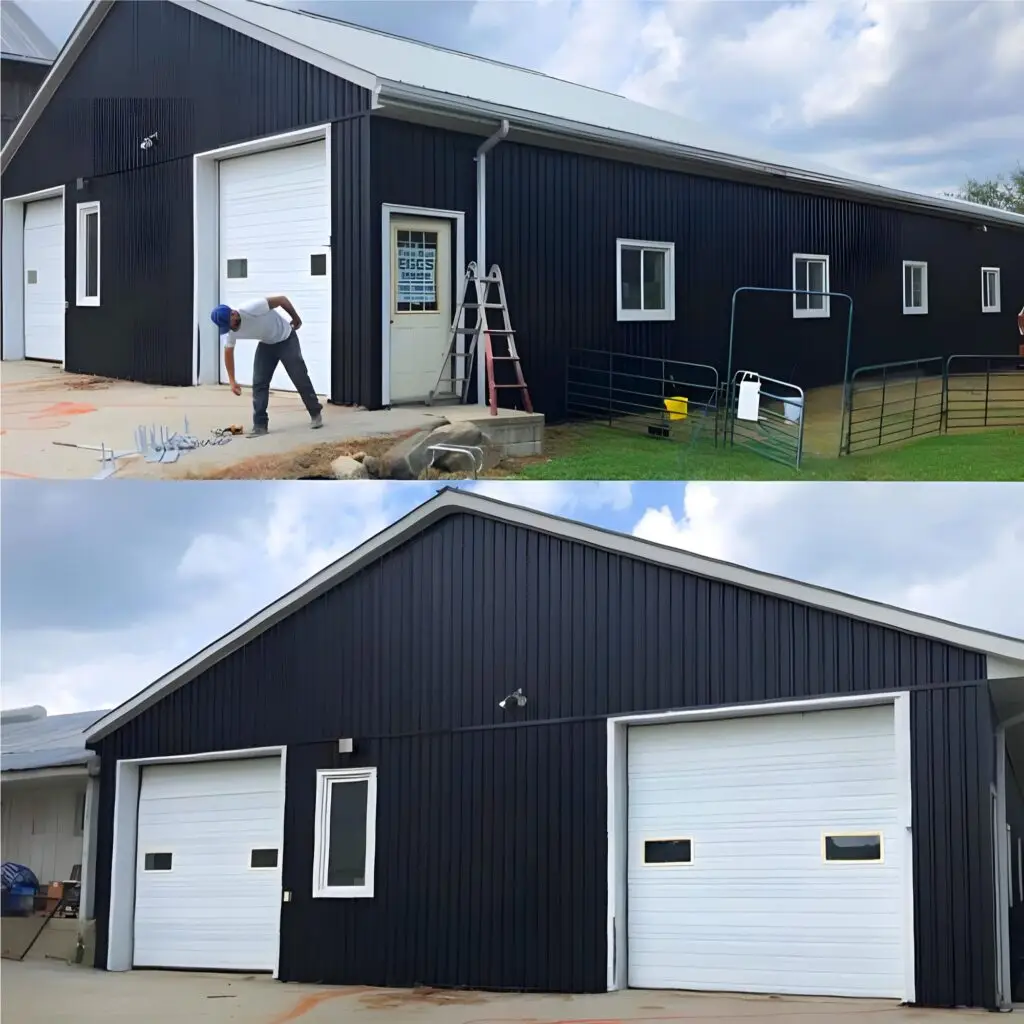 Freshly painted black barn with white garage doors and trim, before and after transformation.